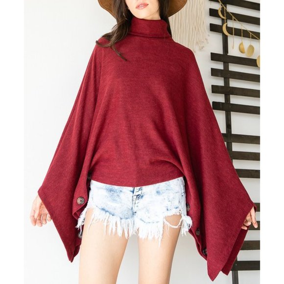 Dark Red Soft Brushed Turtle Neck Cape Sweater - Picture 4 of 6